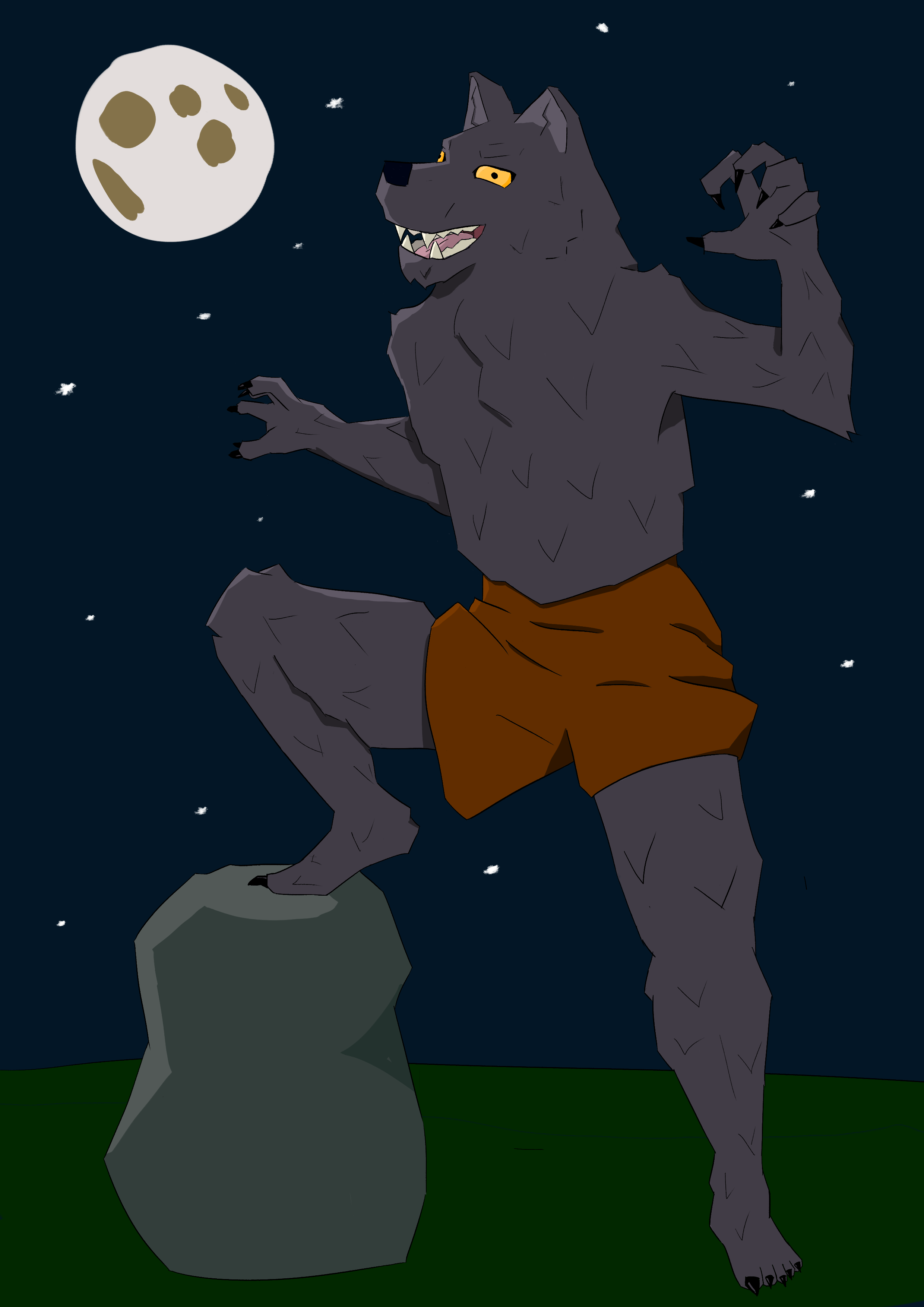 A digital drawing of a werewolf in front of a background of night sky