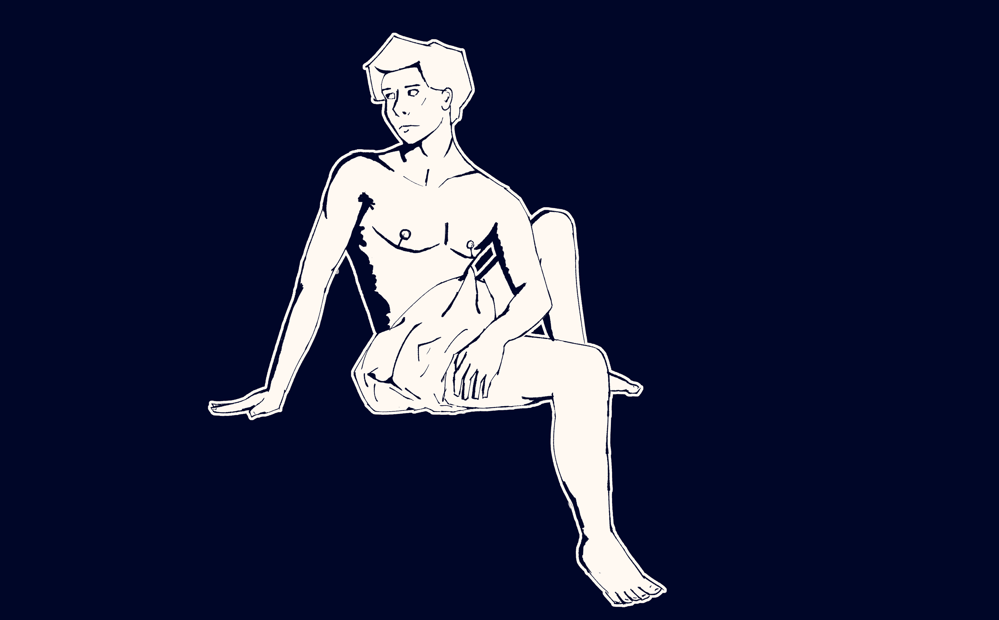 A digital drawing of a trans man sitting against a solid blue background, the style somewhat emulates a linoprint